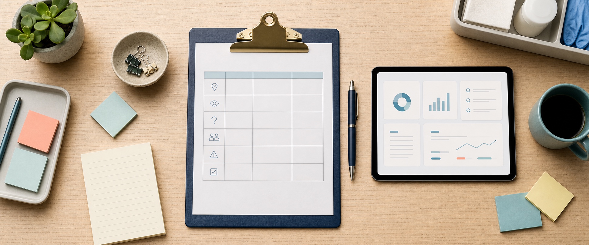 Flat-lay desk with a Gemba observation clipboard, tablet dashboard, pen, and sticky notes.